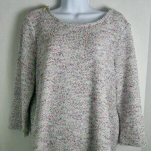 CHAUS WHITE MULTICOLOR ASYMMETRIC 3/4 SLEEVE KNIT SWEATER. WOMEN'S LARGE